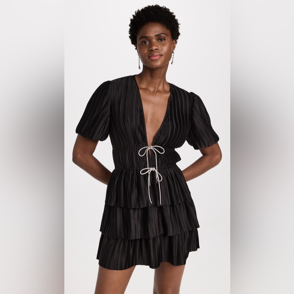 Wayf Black Tiered Dress with Rhinestone Ties.